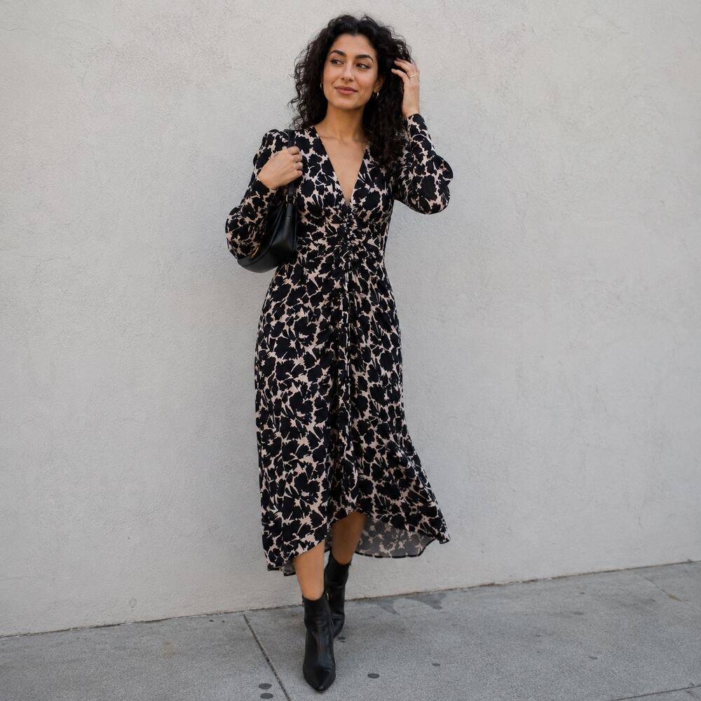 Gap Ruched Satin Midi Dress M NWT Black Floral Puff Sleeve Dark Romance Wedding